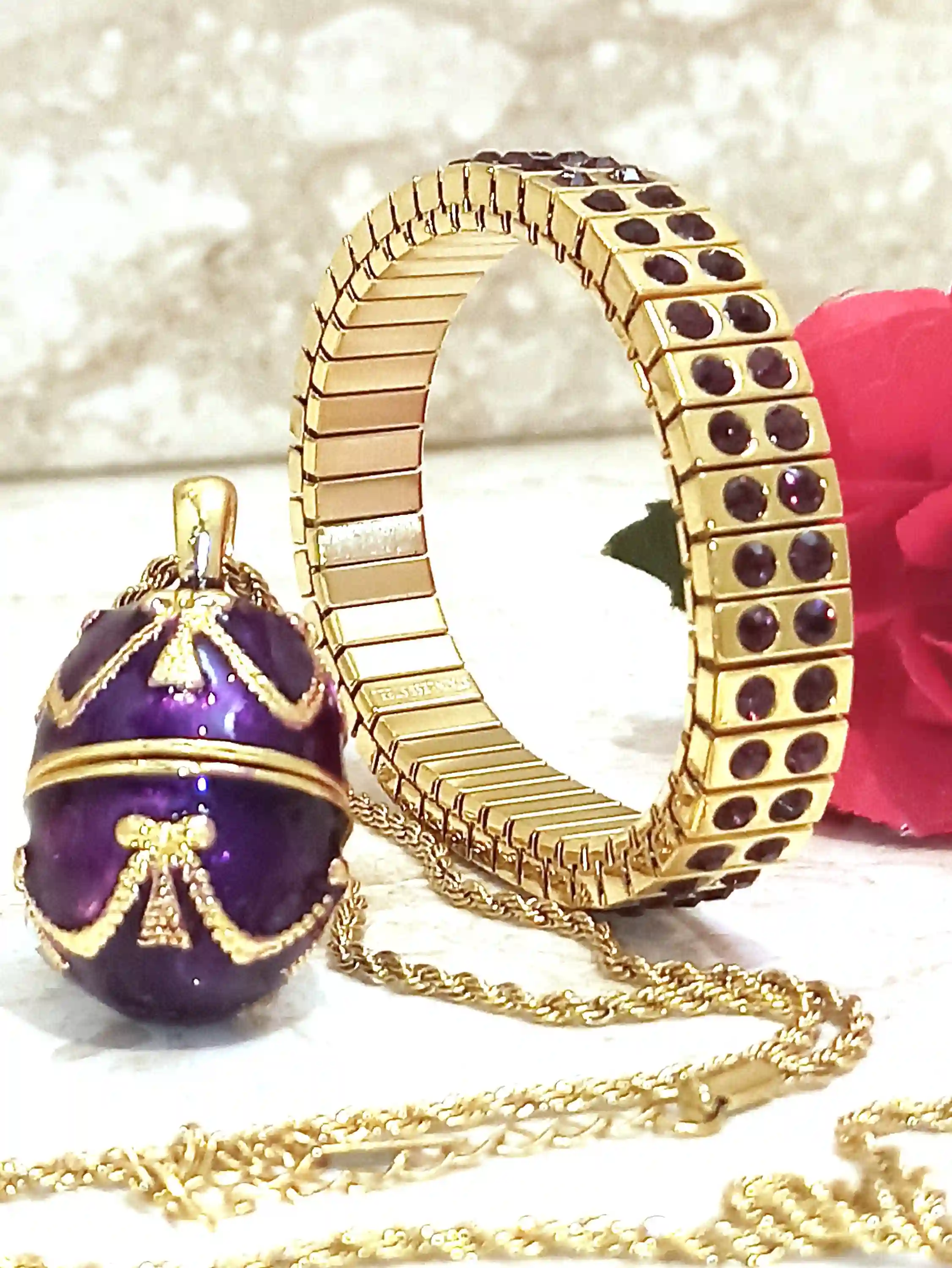Gold Amethyst Necklace - Faberge-Style egg Pendant - Amethyst Bracelet - 24K Gold - Bridal shower gift - Gift for women 