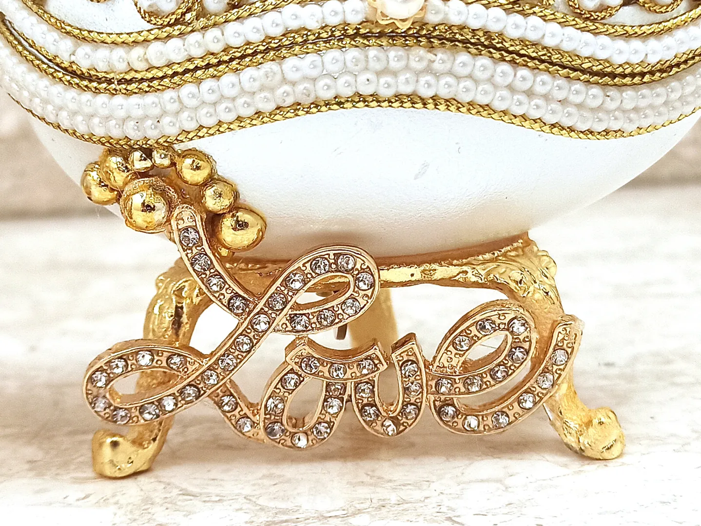 Pearl Jewelry Box Luxury Gift One of a Kind Handmade Musical Ornament Love Faberge Egg Natural Hand Carved Egg 2ct Austrian Crystal 24k Gold Gift