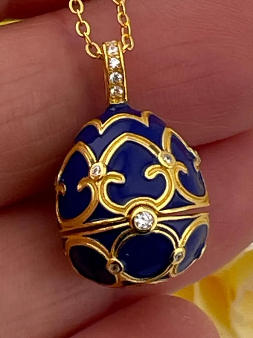 Luxury SAPPHIRE Blue Necklace Faberge Egg Necklace Faberge Jewelry Faberge Pendant Egg Verm HANDMADE Valentine Gift for her 18k Yellow Gold
