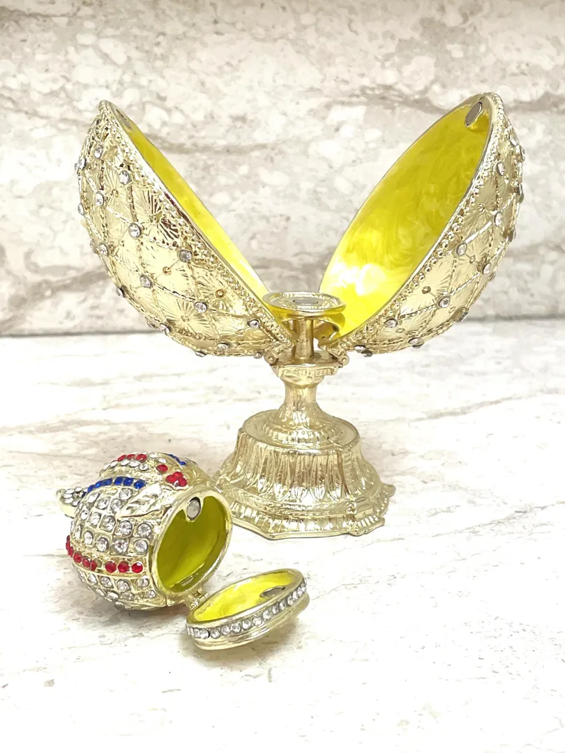 Designer Faberge Style Egg Pure Gold Faberge Egg Decorative Boxes & Gold Bracelet Swarovski Handmade Gift for Women