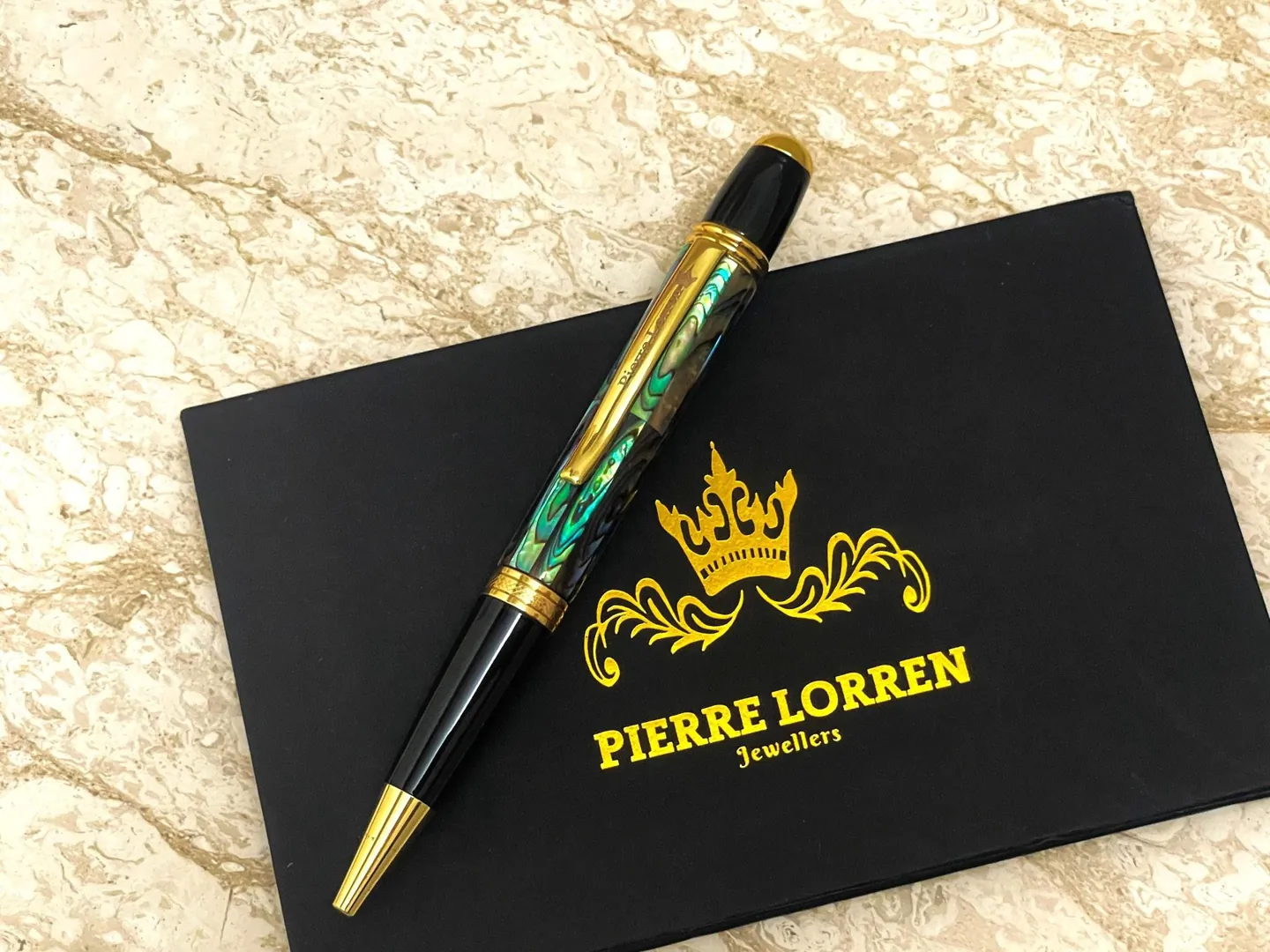 Handmade Greek Luxury Pen – Natural Opal Inlay Pens – Executive Pen - 18K Gold Vermeil Hand Engraved Zig-Zag Pattern – Made in Greece Gifts