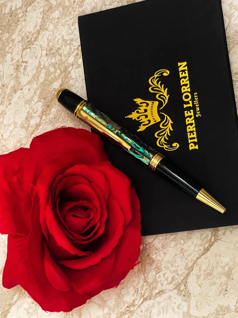 Handmade Greek Luxury Pen – Natural Opal Inlay Pens – Executive Pen - 18K Gold Vermeil Hand Engraved Zig-Zag Pattern – Made in Greece Gifts