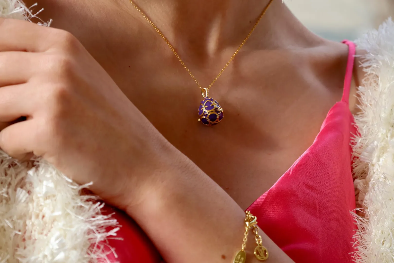 Designer Faberge Egg Necklace Bracelet Set Fabergé Egg Pendant Amethyst Jewelry Mother's Day Jewelry 18k Gold Mother's Birthday Gift for Her