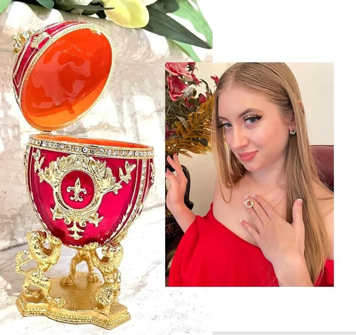 Red Faberge Egg Christmas New Year's Wreath Jewelry + Faberge Style Egg Handmade Pure Gold Deco Swarovski Faberge Set Luck Joy Love Happiness