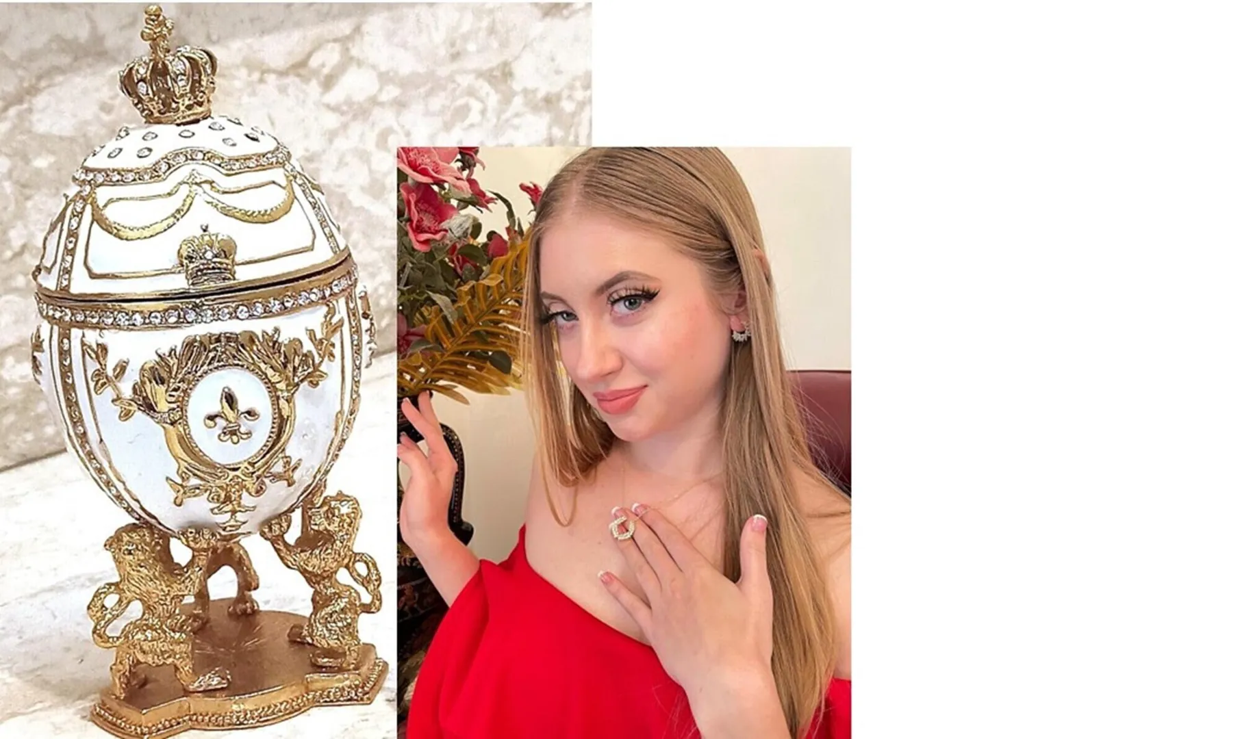 White Faberge Christmas New Year's Wreath Jewelry + Faberge Style Egg Handmade Pure Gold Decor Swarovski Faberge Set Luck Joy Love Happiness