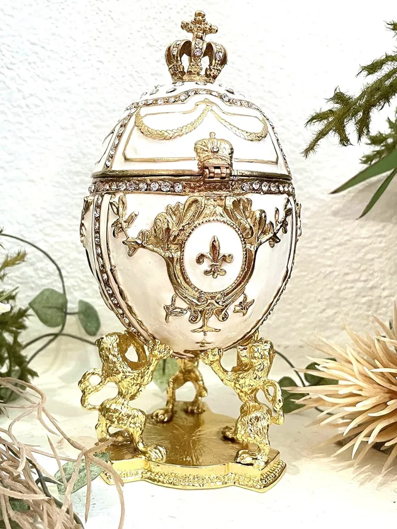 White Faberge Christmas New Year's Wreath Jewelry + Faberge Style Egg Handmade Pure Gold Decor Swarovski Faberge Set Luck Joy Love Happiness