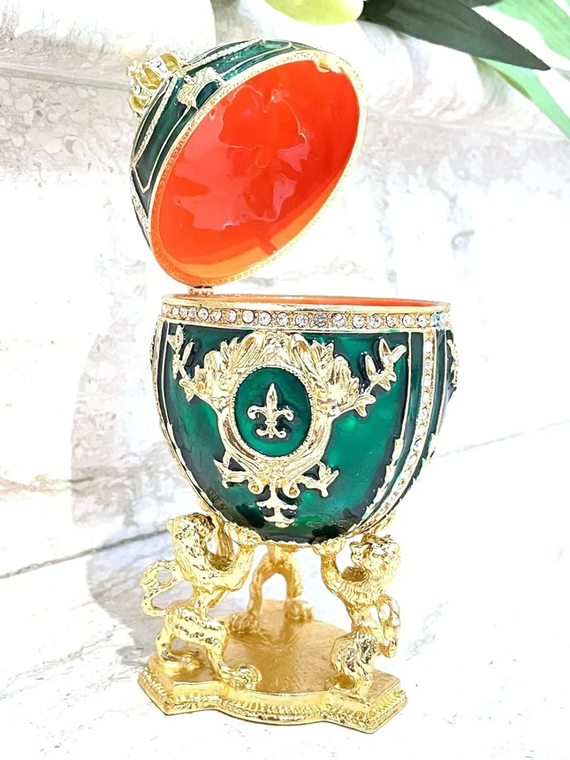Green Faberge Christmas New Year's Wreath Jewelry + Faberge Style Egg Handmade Pure Gold Decor Swarovski Faberge Set Luck Joy Love Happiness