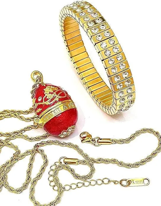 Pierre Lorren Red Faberge Egg Necklace Pendant Bracelet - Faberge Style Egg - Wedding Jewelry Gift Fabergé Eggs Handmade 24k Gold Swarovski