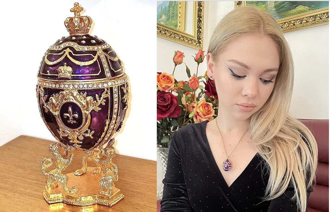 Stunning June birthday gifts for her: Amethyst Faberge egg jewelry box, plus Faberge egg necklace, Faberge egg pendant, June gifts, 24k gold.