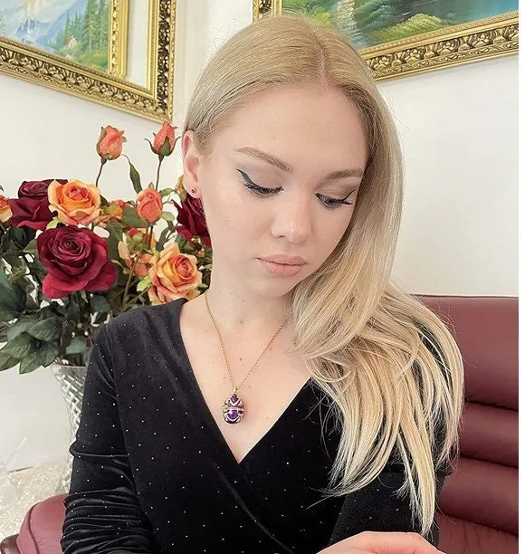 Stunning June birthday gifts for her: Amethyst Faberge egg jewelry box, plus Faberge egg necklace, Faberge egg pendant, June gifts, 24k gold.