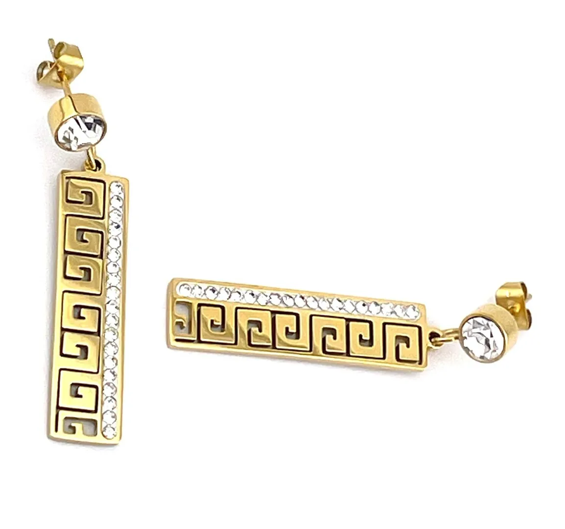 18k Yellow Gold Greek Key Design Diamond Meander Earrings, Greek Key Hoop Earrings, Greek Key Pattern Jewelry, featuring 136 Austrian Crystal Diamonds.