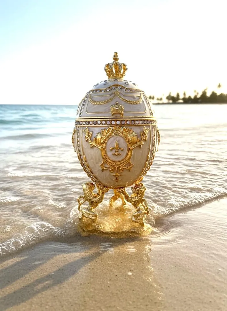 Perla White Faberge Egg Jewelry Box Handmade Russian Easter Egg Fabergé style egg Trinket box – 24k Gold, Swarovski Crystal by Pierre Lorren