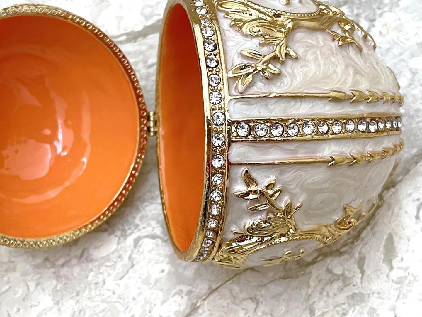 Perla White Faberge Egg Jewelry Box Handmade Russian Easter Egg Fabergé style egg Trinket box – 24k Gold, Swarovski Crystal by Pierre Lorren