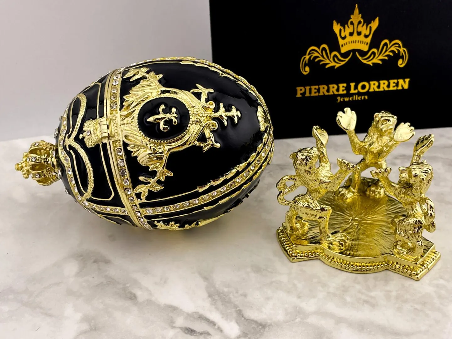 Handmade Black Fabergé Egg Trinket Box – 24k Gold, Swarovski Crystals