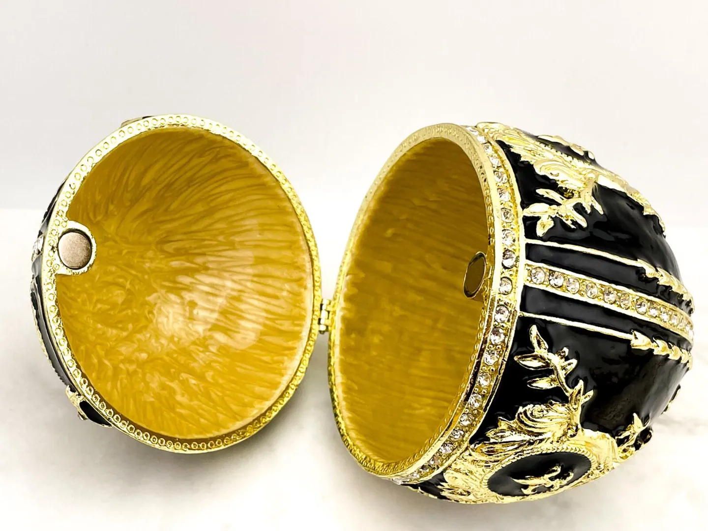 Handmade Black Fabergé Egg Trinket Box – 24k Gold, Swarovski Crystals
