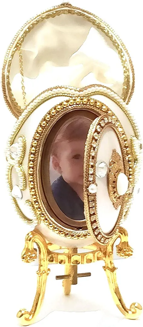1999 Natural Egg Faberge Egg Music Box • Hand-Carved Photo Frame • Faberge Trinket Box - 24K Gold - Swarovski • Vintage Trinket Box