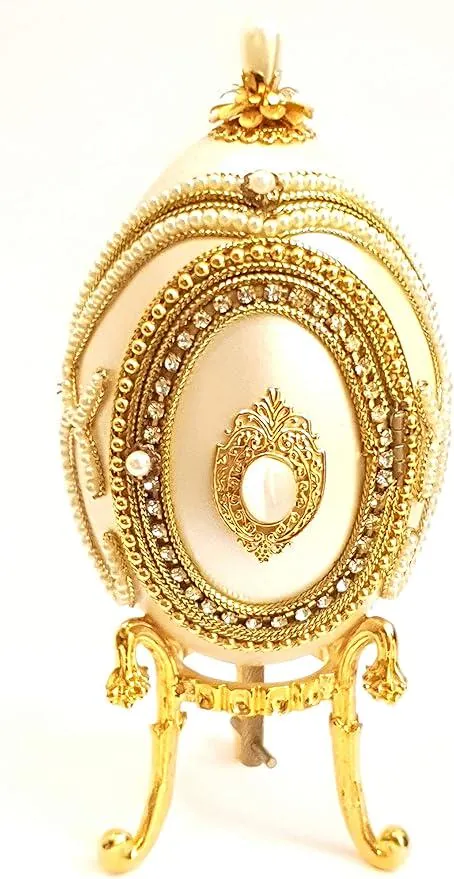 1999 Natural Egg Faberge Egg Music Box • Hand-Carved Photo Frame • Faberge Trinket Box - 24K Gold - Swarovski • Vintage Trinket Box