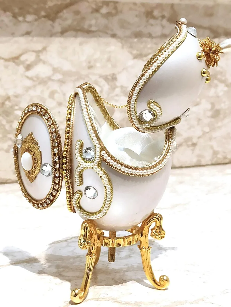1999 Natural Egg Faberge Egg Music Box • Hand-Carved Photo Frame • Faberge Trinket Box - 24K Gold - Swarovski • Vintage Trinket Box