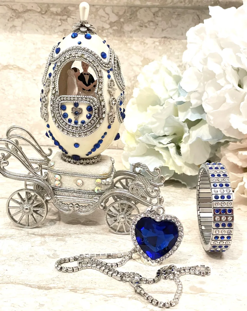Designer Gifts One of a Kind Faberge Egg Music, Sapphire Gem Handcarved Natural Egg, Daughter Wedding Gift From Dad, Wedding Proposal Box