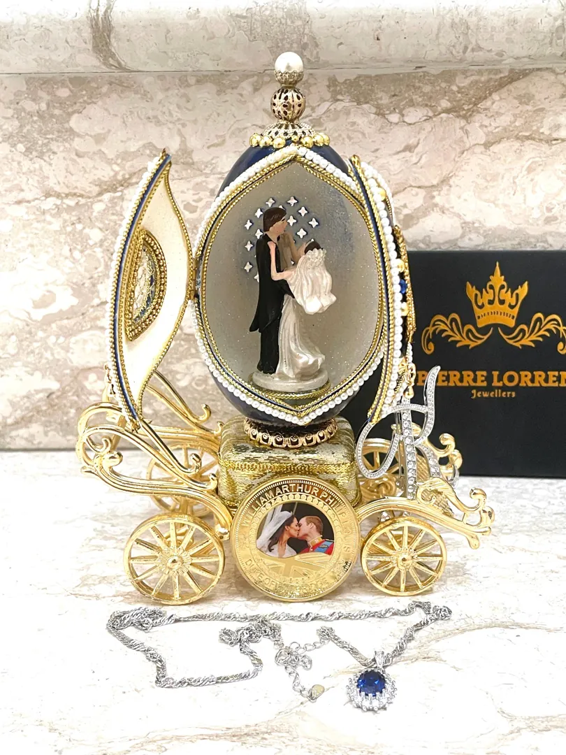 Catherine Princess Kate Faberge Egg Music Box Royal Inspired Blue Faberge Style Egg CERTIFIED Sapphire Diamond Necklace Vintage 2011 Gift.