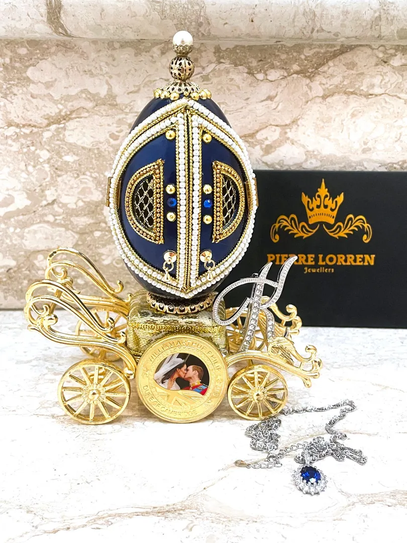 Catherine Princess Kate Faberge Egg Music Box Royal Inspired Blue Faberge Style Egg CERTIFIED Sapphire Diamond Necklace Vintage 2011 Gift.