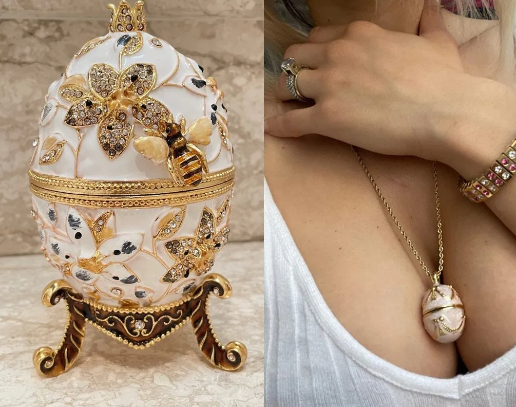 Designer White Faberge Egg Style Necklace PLUS Engagement Gift Faberge Eggs Handpainted Jewelry Box Wedding Gift for Parent 400 Handset Crystals