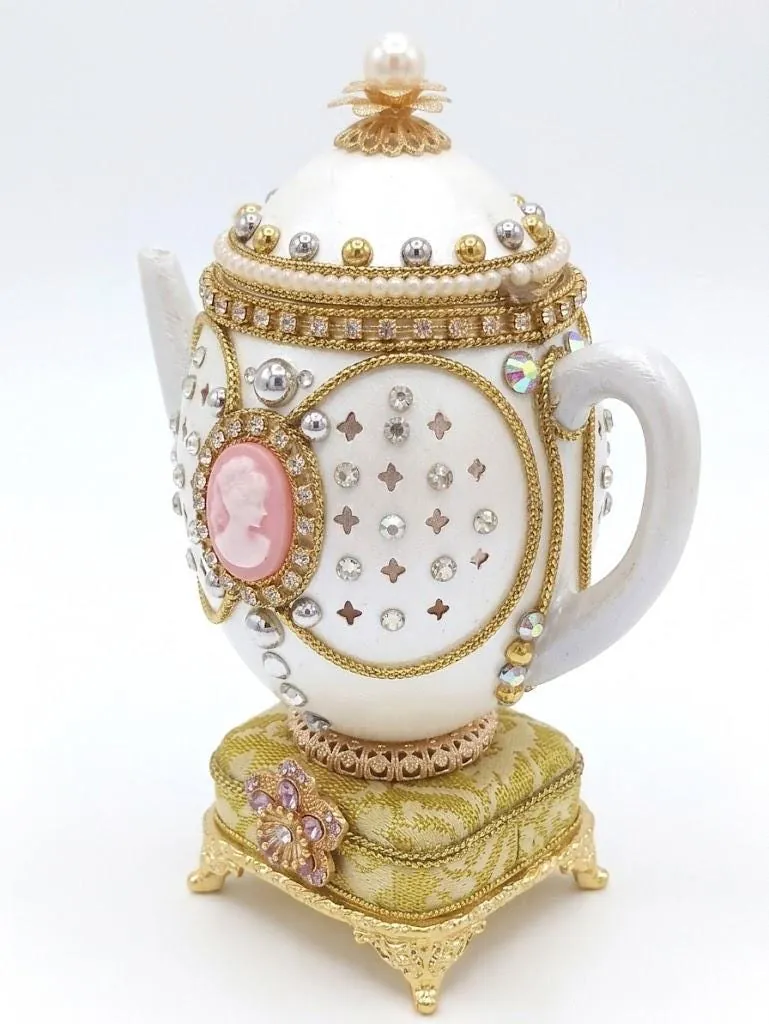 Vintage Cameo Collectible Tea Pot, Natural Faberge Egg Trinket & Faberge Necklace, Handcarved Fabergé Egg, Musical Egg for Wife, 35th Anniversary.
