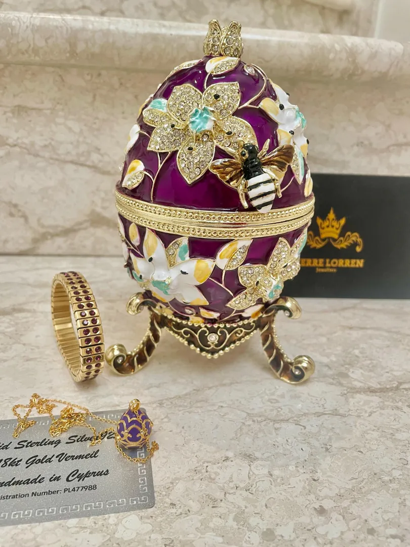 XL Handmade Faberge Egg Style Trinket Box & Fabergé Egg Necklace 18k Gold Vermeil, Amethyst Pomegranate Easter Abundance Gift Mother's Day 7