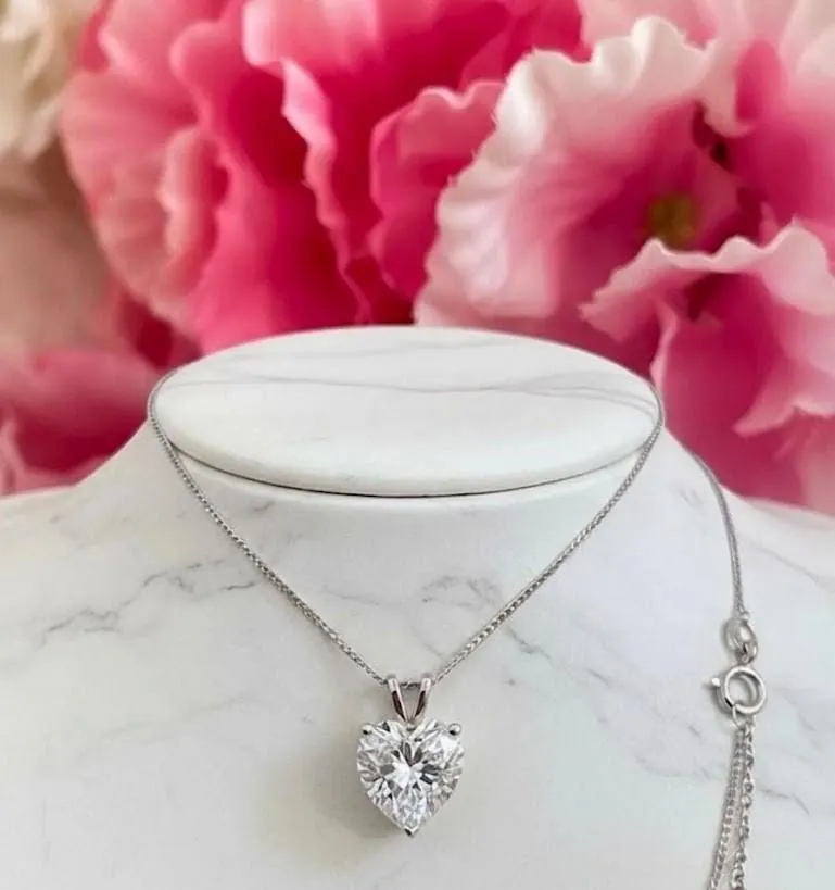 Solid 18k White Gold Heart Drop Diamond Necklace, Solitaire Diamond Necklace, 1.5 Carat.