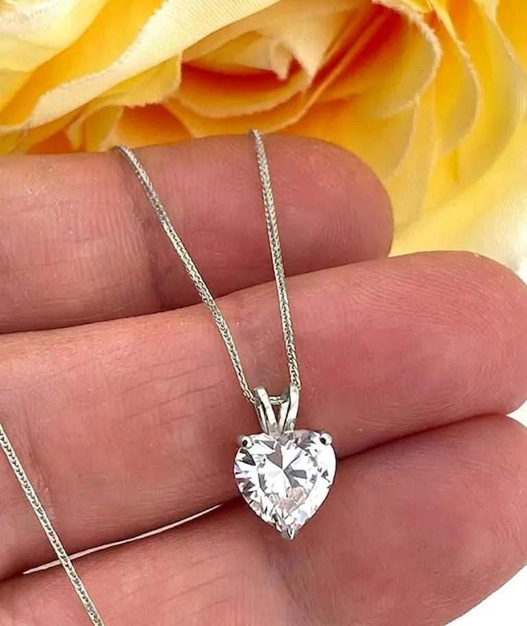 Solid 18k White Gold Heart Diamond Necklace, Solitaire Diamond Necklace, 1.5 Carat.