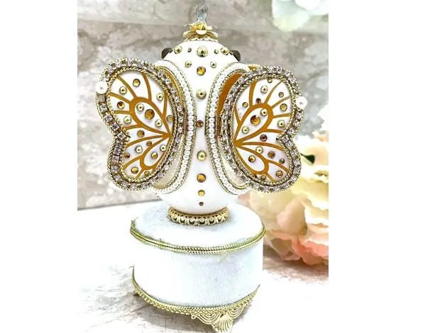 Vintage Butterfly Faberge Egg Jewelry Box & Faberge Necklace Natural Handcarved Egg Pure Gold Swarovski Wedding Day 2004 Anniversary Wife.