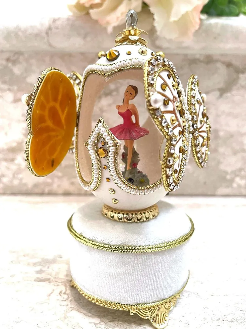 Vintage Butterfly Faberge Egg Jewelry Box & Faberge Necklace Natural Handcarved Egg Pure Gold Swarovski Wedding Day 2004 Anniversary Wife.