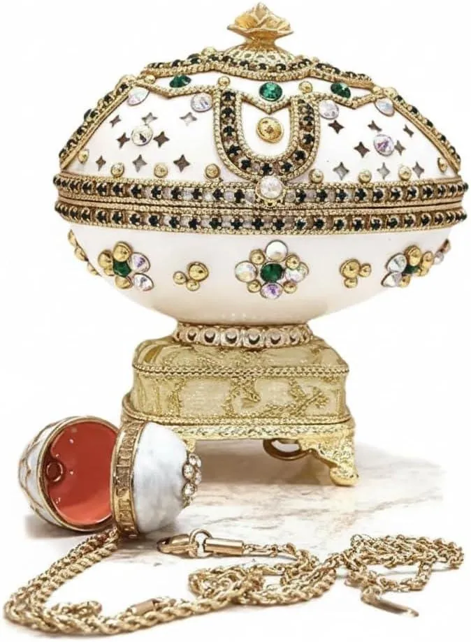 Vintage Rose Faberge Egg Jewelry Box & Faberge Necklace Natural Handcarved Egg Pure Gold Swarovski Wedding Day 1986 Anniversary Wife Gift