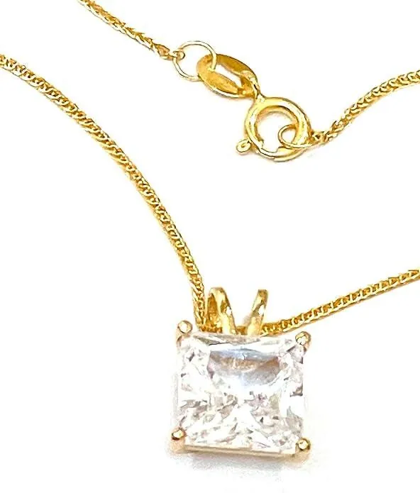 Solid 18k Yellow Gold Square Diamond Necklace, Solitaire Diamond Necklace, 1.5 Carat.