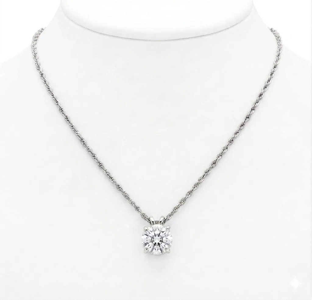 Solid 18k White Gold Solitaire Diamond Necklace, 1.5 Carat
