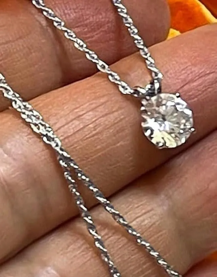 Solid 18k White Gold Solitaire Diamond Necklace, 1.5 Carat