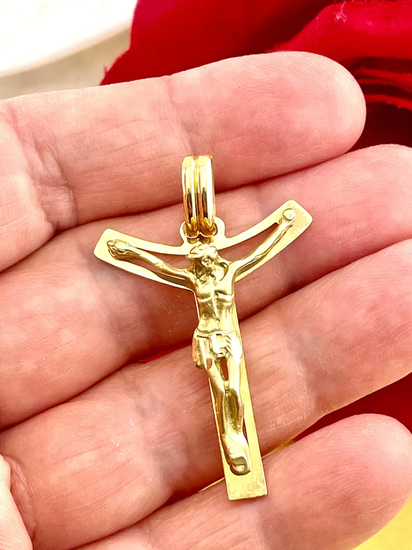 Solid 18k Gold Cross Jesus Cross Pendant Handmade Cross Necklace Christian Mother Gift Crucifix Cross for Mom Cross for Women 1.06
