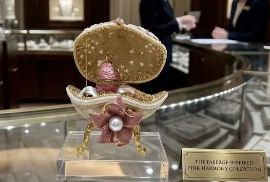 Vintage Rose Faberge Egg Jewelry Box & Faberge Necklace Natural Handcarved Egg Pure Gold Swarovski Wedding Day 2008 Anniversary Wife Gift.