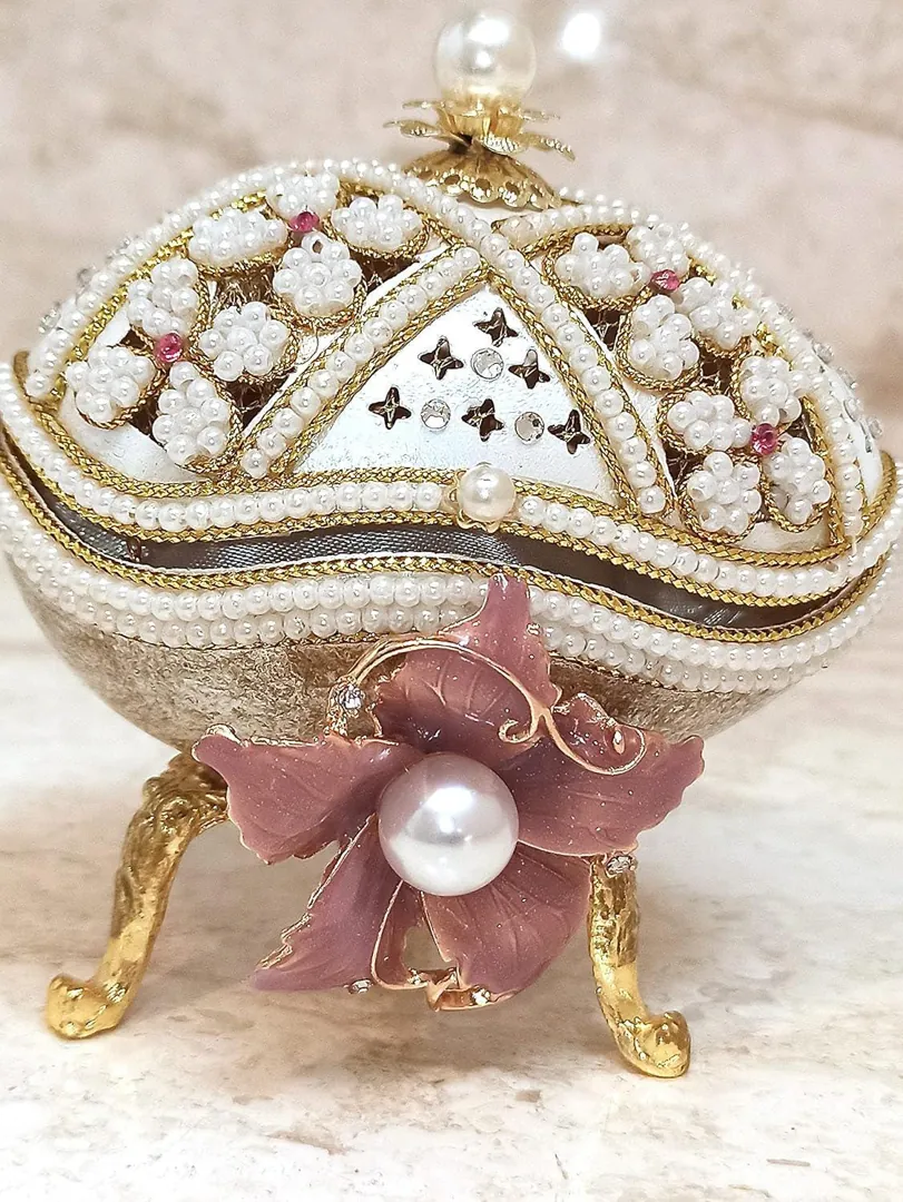 Vintage Rose Faberge Egg Jewelry Box & Faberge Necklace Natural Handcarved Egg Pure Gold Swarovski Wedding Day 2008 Anniversary Wife Gift.