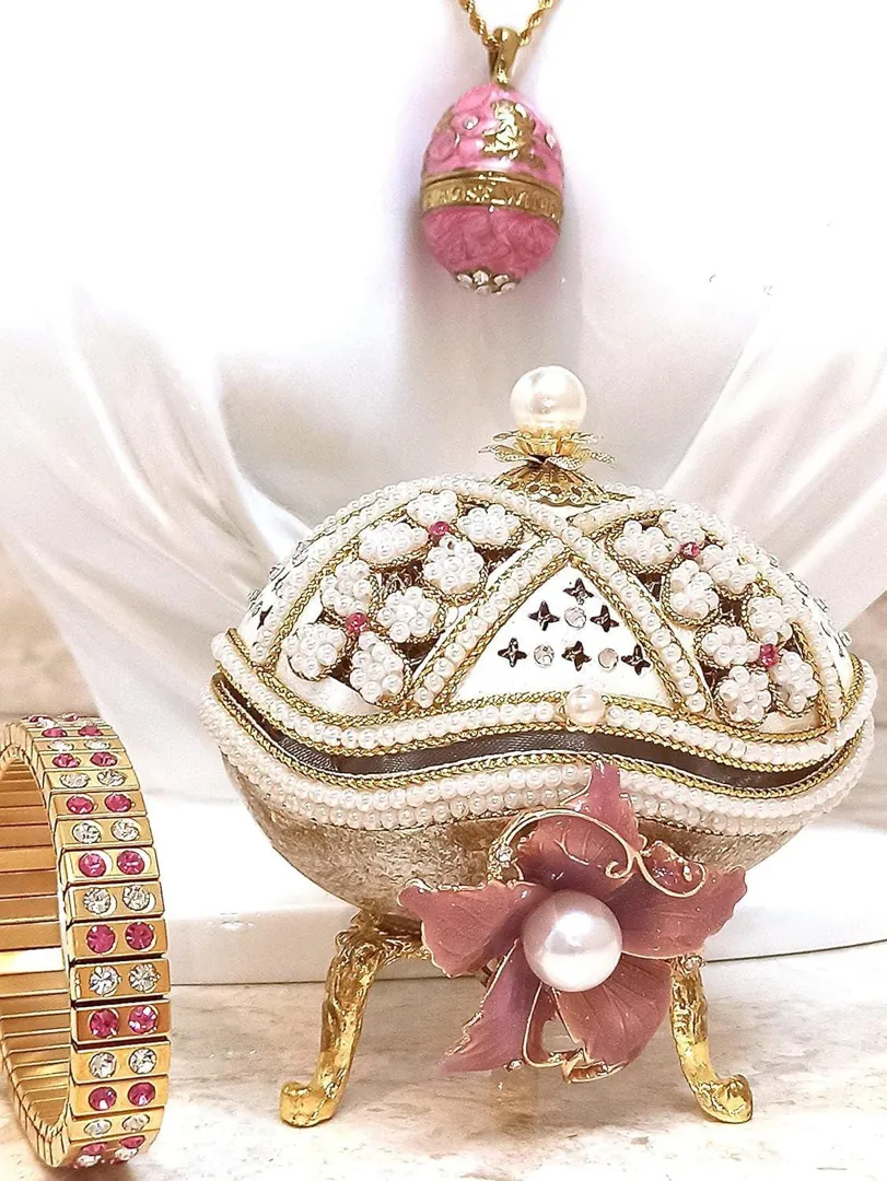 Vintage Rose Faberge Egg Jewelry Box & Faberge Necklace Natural Handcarved Egg Pure Gold Swarovski Wedding Day 2008 Anniversary Wife Gift.