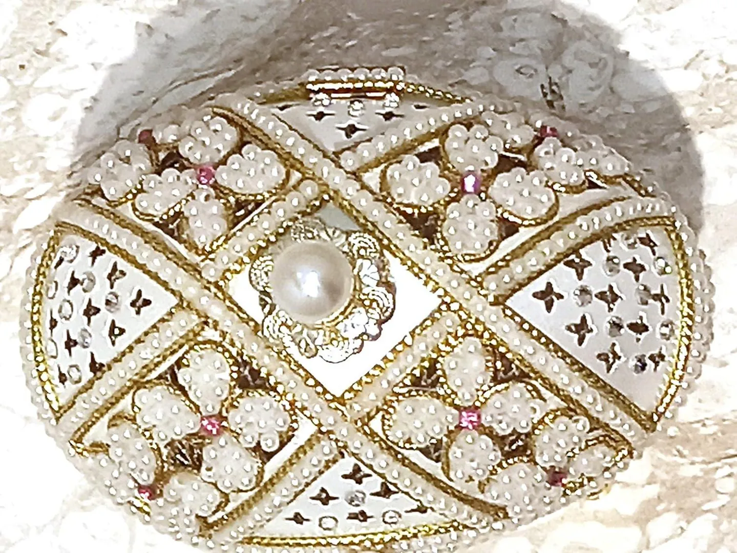 Vintage Rose Faberge Egg Jewelry Box & Faberge Necklace Natural Handcarved Egg Pure Gold Swarovski Wedding Day 2008 Anniversary Wife Gift.