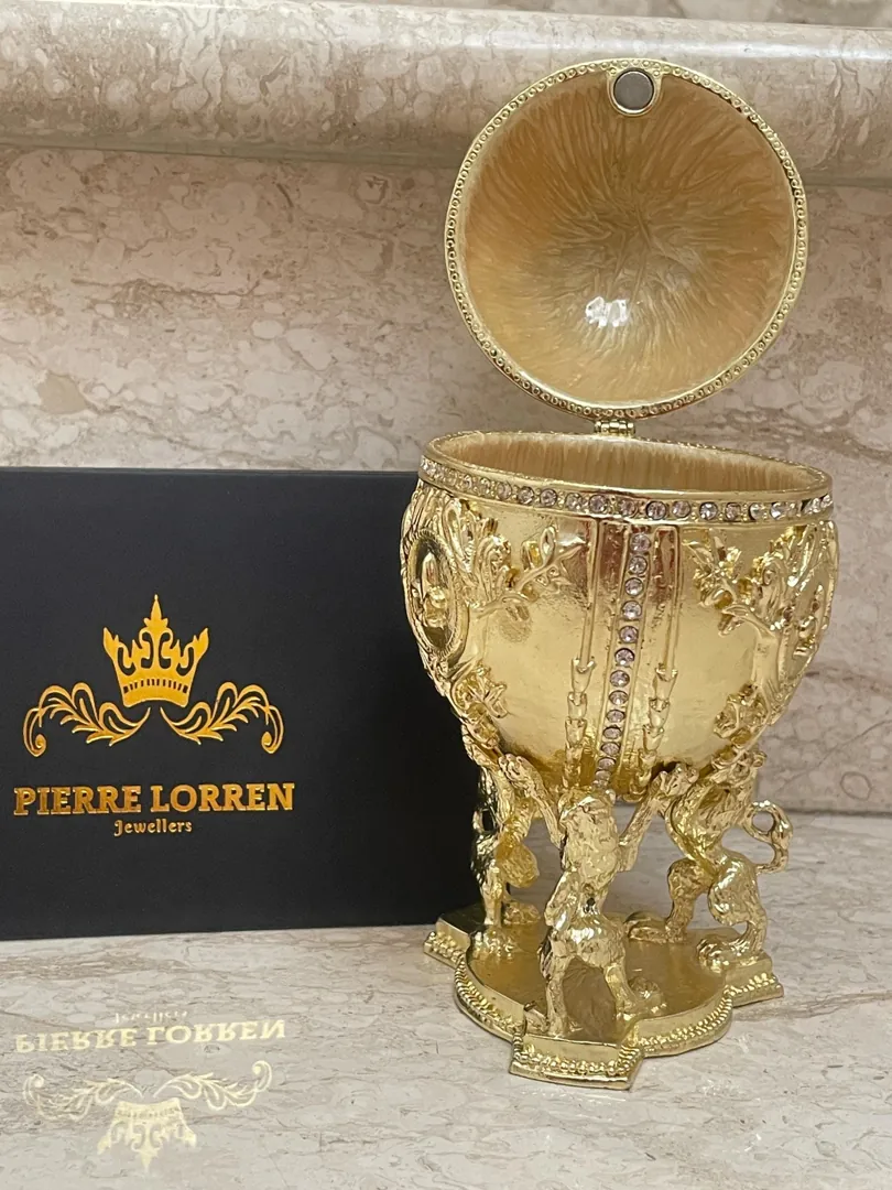 Limited Edition Pure Gold Faberge Egg Jewelry Box Handmade Russian Easter Egg Fabergé Style Egg Trinket Box 24K Gold Swarovski Pierre Lorren