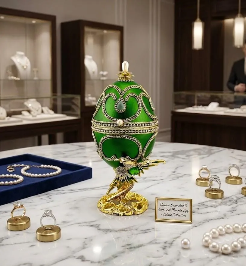 Vintage Bird Faberge Egg Jewelry Box & Faberge Necklace Natural Handcarved Egg Pure Gold Swarovski Wedding Day 1980 Anniversary Wife Gift
