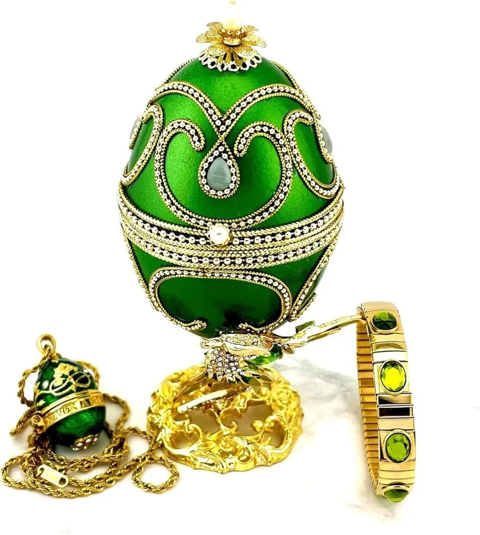 1980 Faberge Egg Music Box, Natural Egg, Faberge Style Egg + Faberge Necklace, Birthday Gifts for Wife, Fabergé Egg for Bird Lovers, Handmade Vintage Egg.