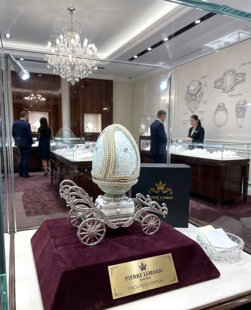 Antique 2011 Fabergé Egg 15th Wedding Anniversary Natural Egg Faberge Music Box & Natural Sapphire Diamond Pendant Necklace