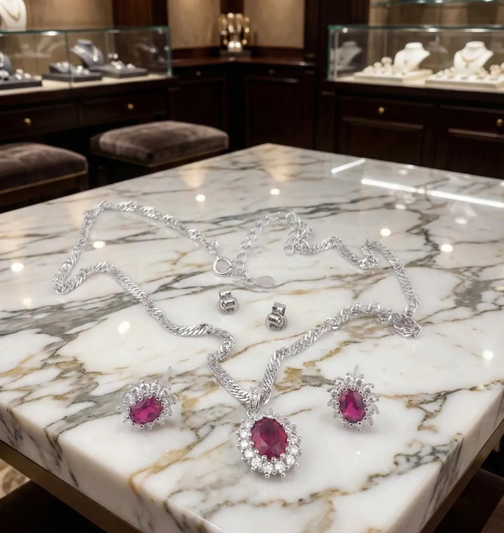Princess Diana Natural Ruby Diamond Necklace Earrings Set – Ruby Bridal Wedding Jewelry, Ruby Fine Jewelry Gift Handmade