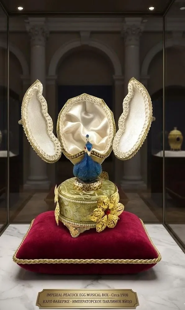 1986 Vintage Peacock Faberge Egg • Natural Hand Carved Egg - Faberge Music Box - Swarovski • 24K Gold • Handmade Pierre Lorren