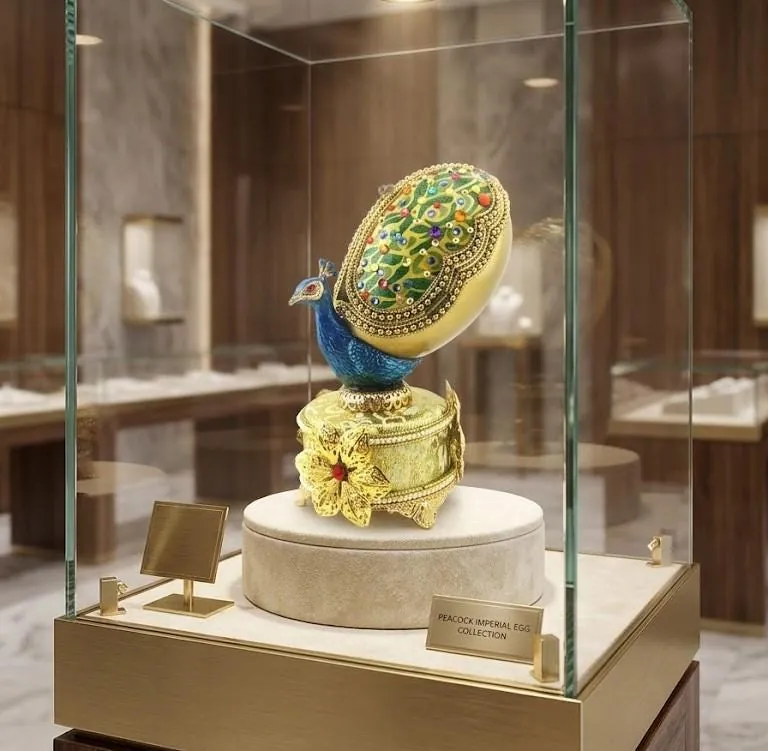 1986 Vintage Peacock Faberge Egg • Natural Hand Carved Egg - Faberge Music Box - Swarovski • 24K Gold • Handmade Pierre Lorren