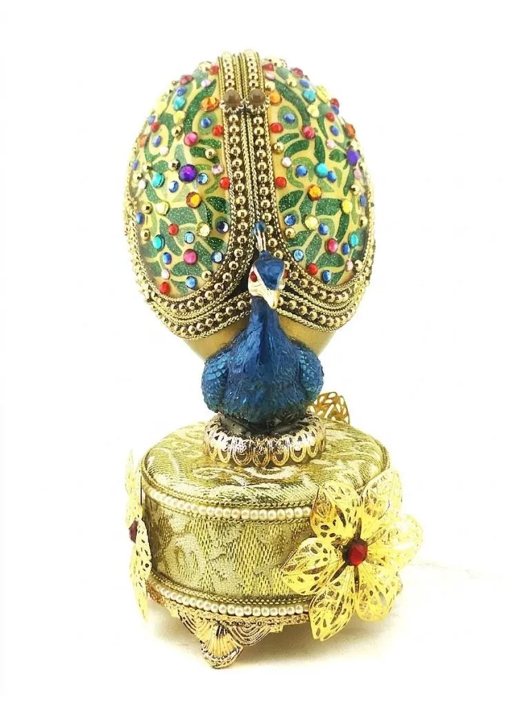 1986 Vintage Peacock Faberge Egg • Natural Hand Carved Egg - Faberge Music Box - Swarovski • 24K Gold • Handmade Pierre Lorren