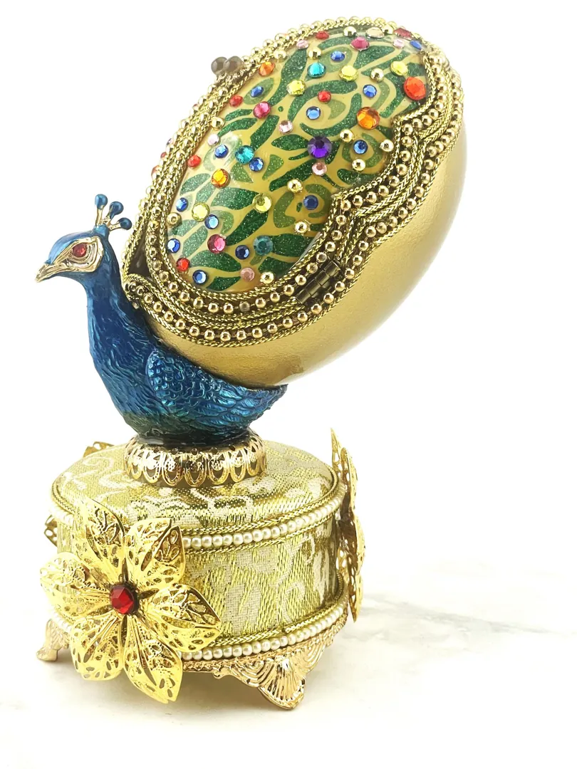 1986 Vintage Peacock Faberge Egg • Natural Hand Carved Egg - Faberge Music Box - Swarovski • 24K Gold • Handmade Pierre Lorren